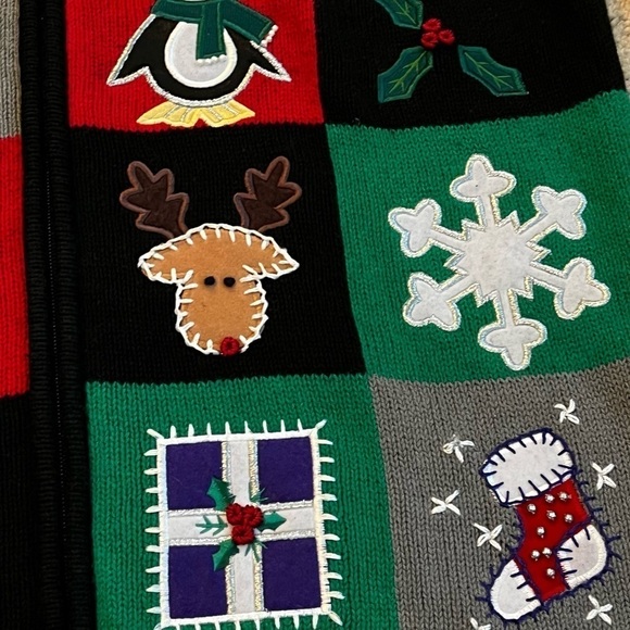 Y2K Ugly Christmas Sweater Patchwork Applique Knit Full Zip Large Petite - Picture 6 of 9